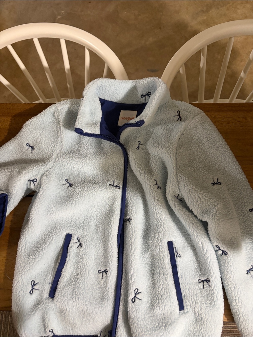 Cat & Jack Light Blue Sherpa Jacket with Navy Trim and Bow Embroidery - Kids